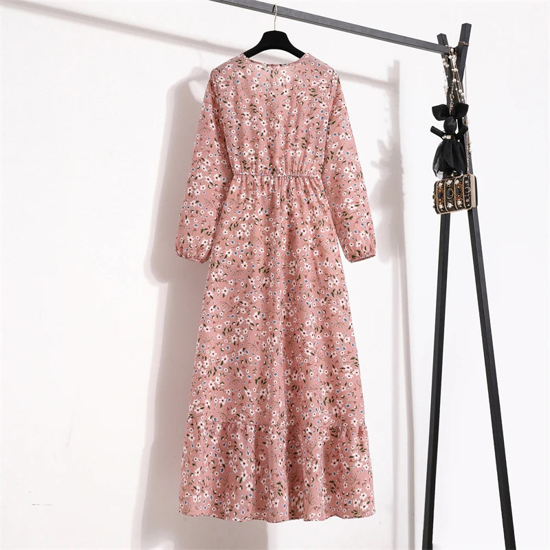 Women Long Dresses Spring Summer Casual Full Sleeve Floral geometry Printed O neck Woman Bohe Beach Party Dress Mujer Vestidos