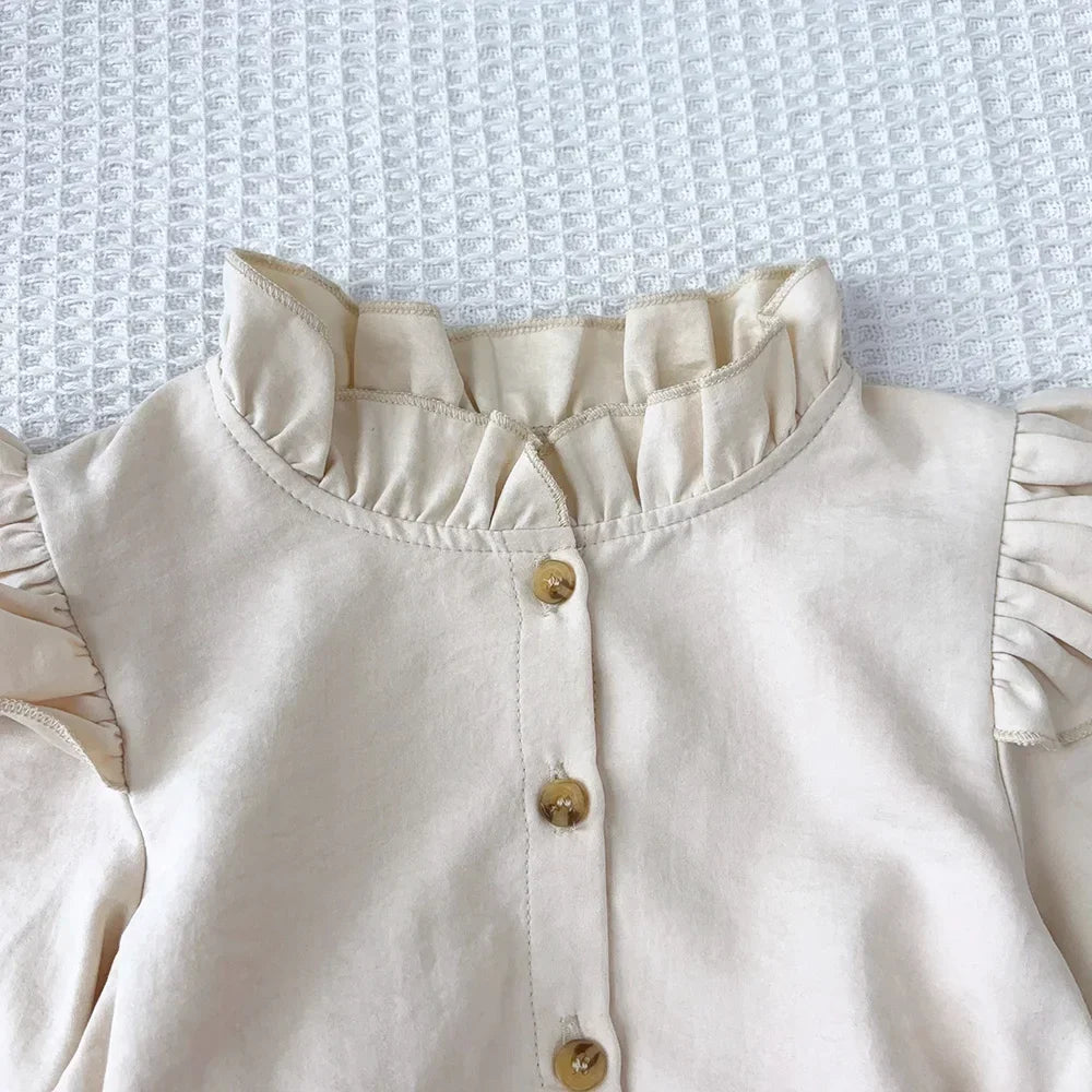 Girls Long Sleeve Stand Collar Dress — Solid Color Casual Dress (3–7 Years)
