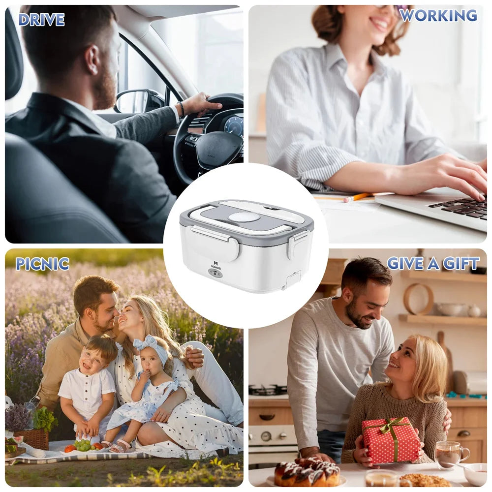 Collage of a lunch box with people in various scenarios like driving, working, and giving a gift.