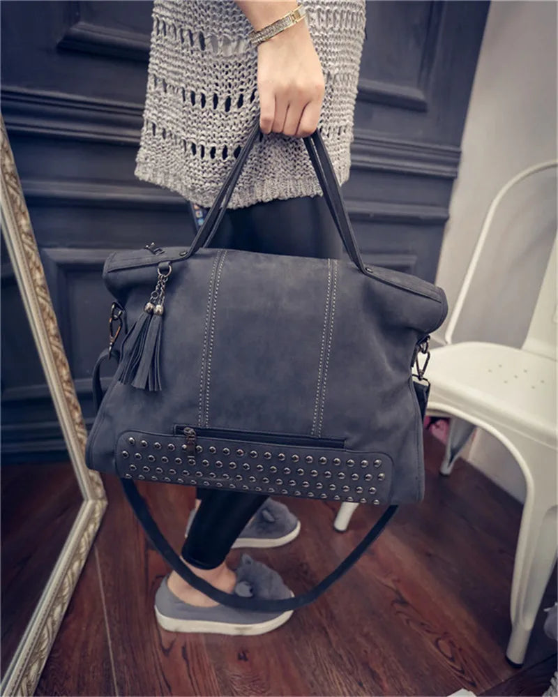Luxury Matte Faux Suede Large Tote Bag – Vintage Rivet Tassel Handbag for Women