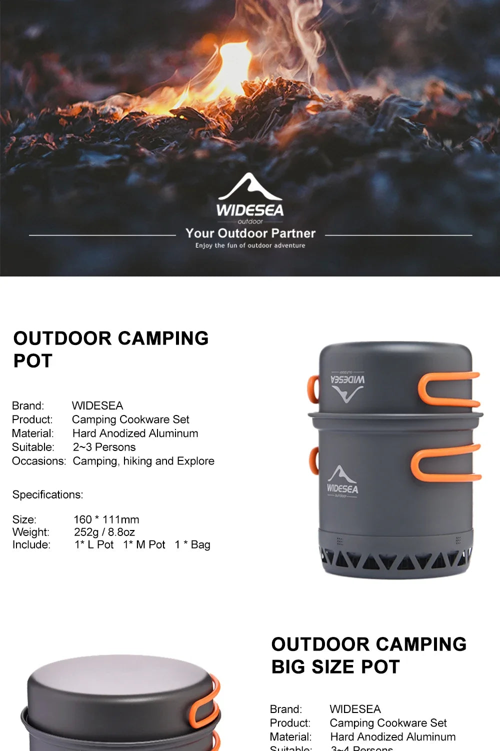 Outdoor Camping Cookware Set — 1.3L & 2.3L Cooking Pot with Kettle & Tableware