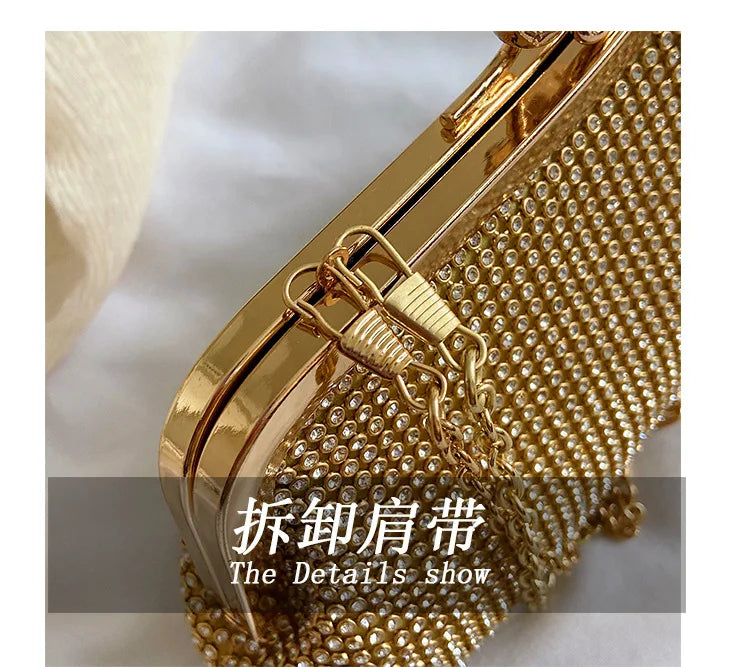Golden Metal Bow Evening Clutch Bag – Shiny Bridal Chain Shoulder Bag for Wedding & Party