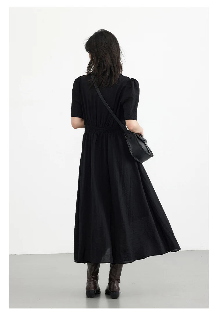 CHIC VEN Women Dresses French Style Vintage V-neck Puff Sleeve Long Dress Solid Black Loose Female Clothing Summer New 2023