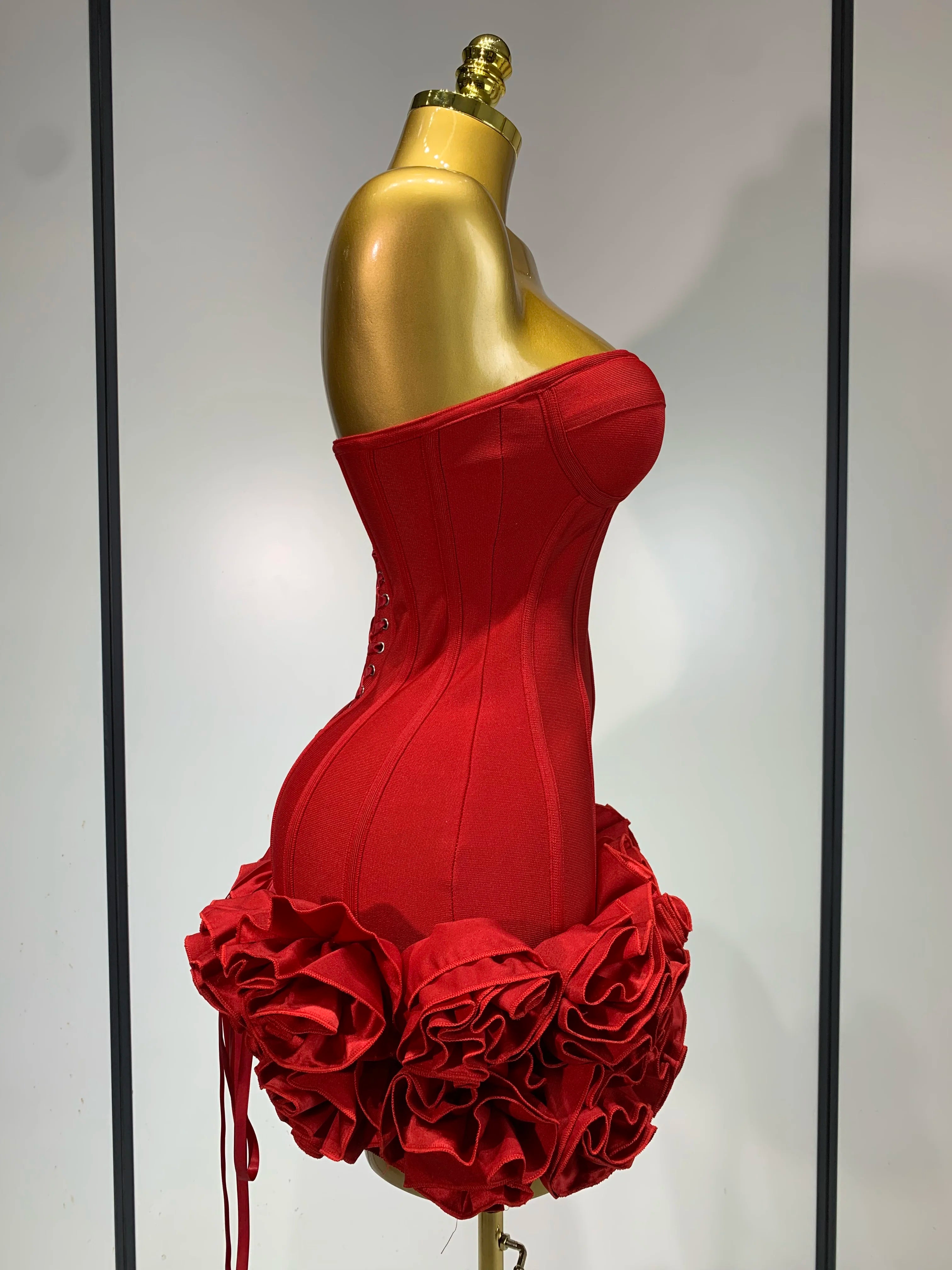 Flower Embellished Strapless Bandage Mini Dress — Backless Bodycon Celebrity Party Dress