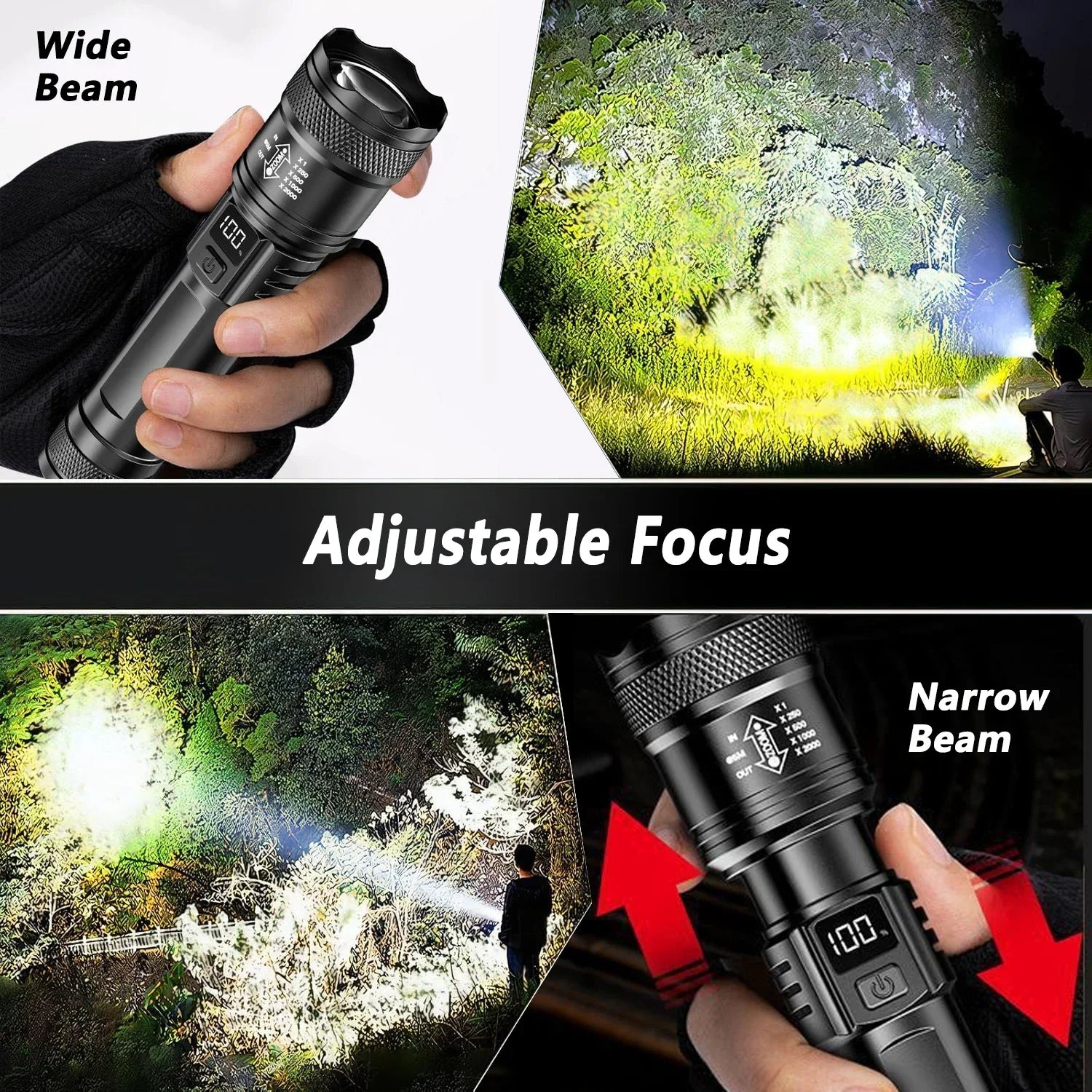 2000 Lumen P50 LED Tactical Flashlight – IP67 Waterproof, Telescopic Zoom, LCD Display, Type-C Rechargeable