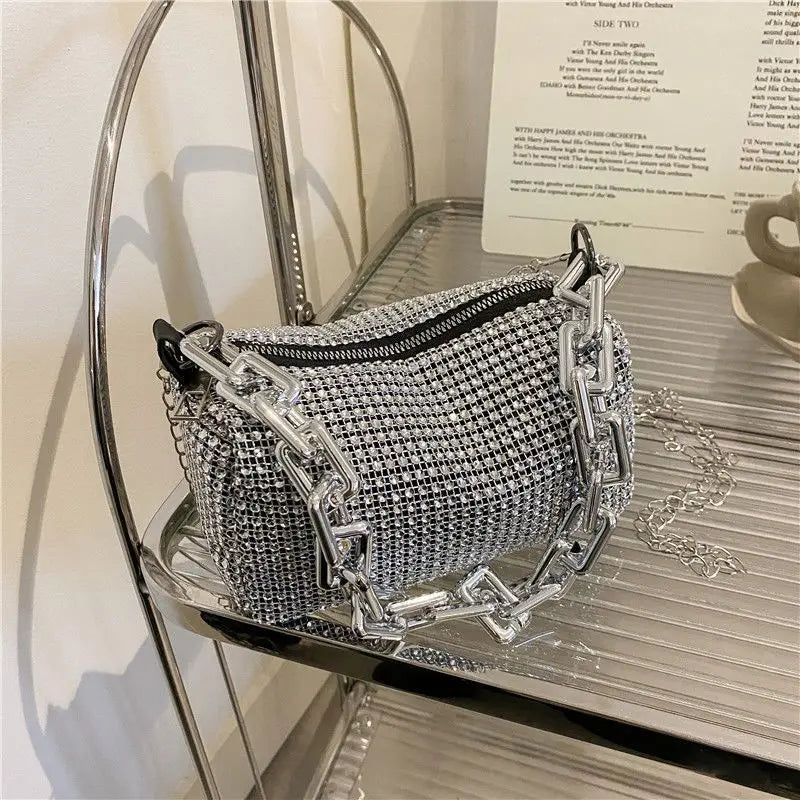 Rhinestone Glitter Mini Crossbody Bag – Chain Prom Purse Pillow Shoulder Bag for Women