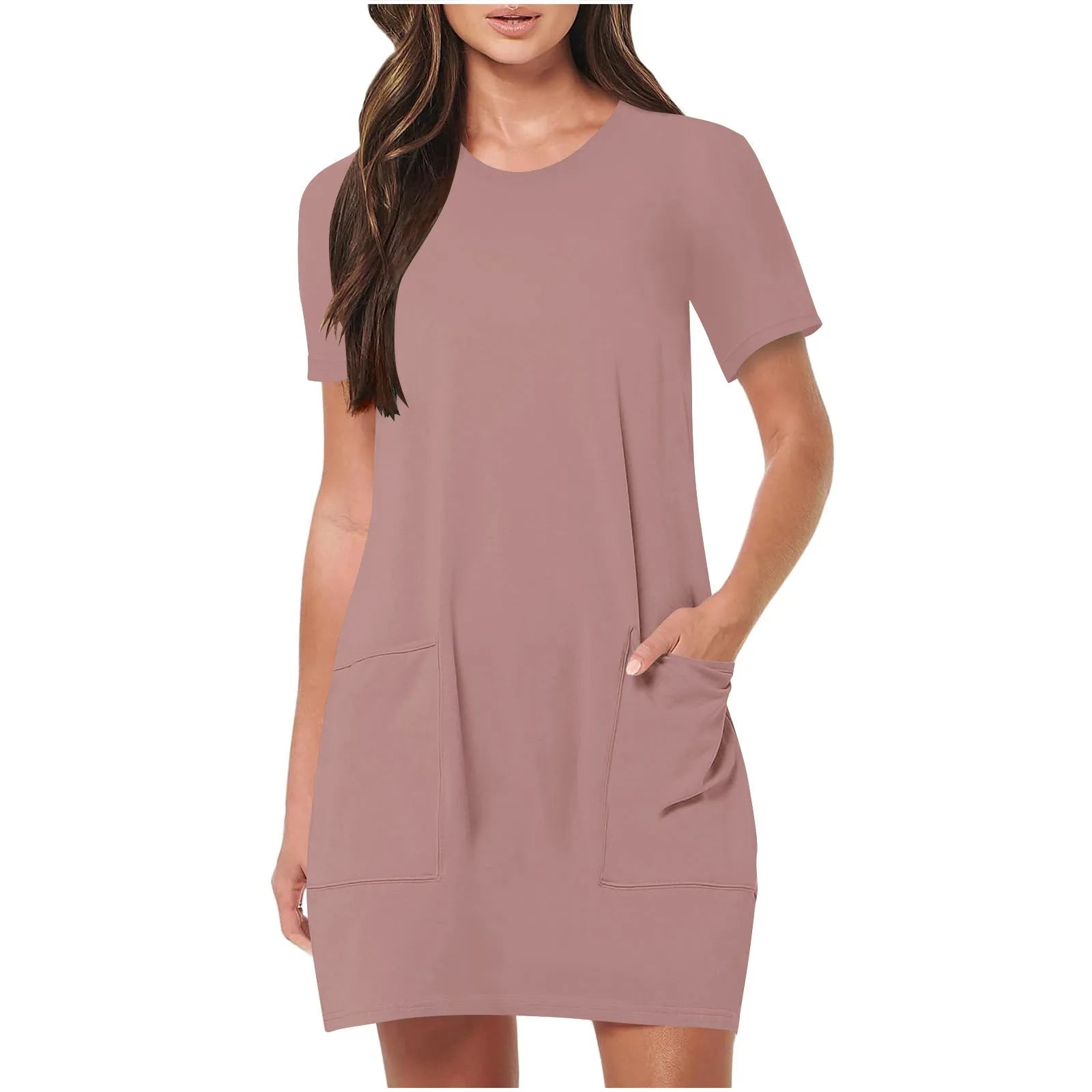 Solid Color Pocket Casual Sports Dress — Short Sleeve O-Neck A-Line Knee-Length Dress