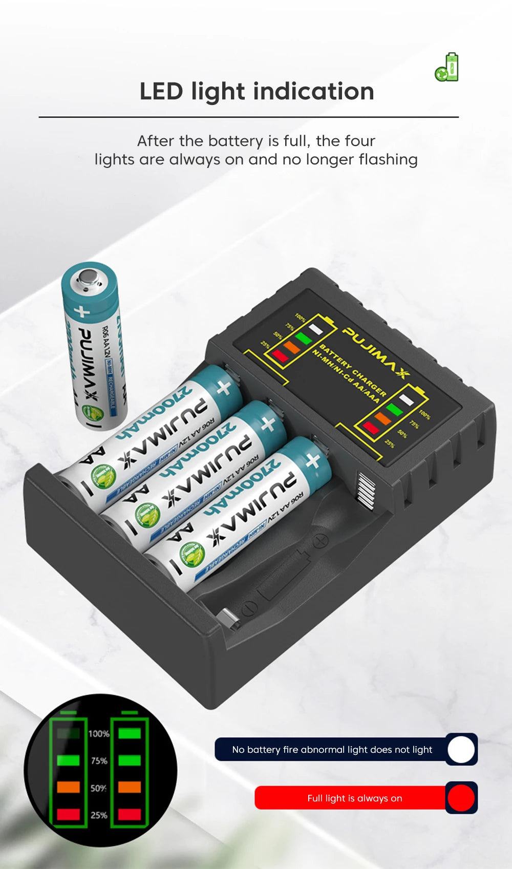 AA/AAA Battery Charger – 4-Slot Intelligent LED Indicator, USB-C & Micro for NiMH/NiCd Rechargeable Batteries