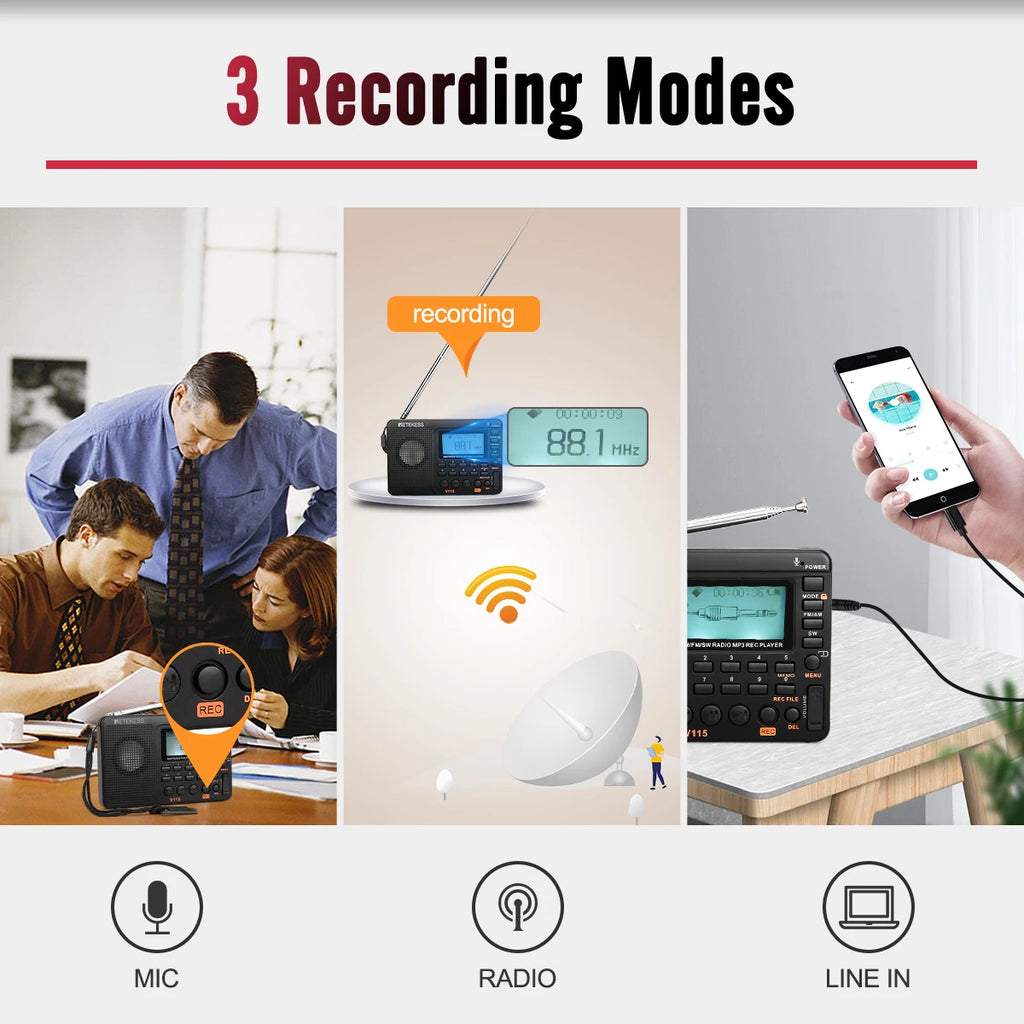 RETEKESS V115 Portable FM AM SW Radio — Rechargeable with USB