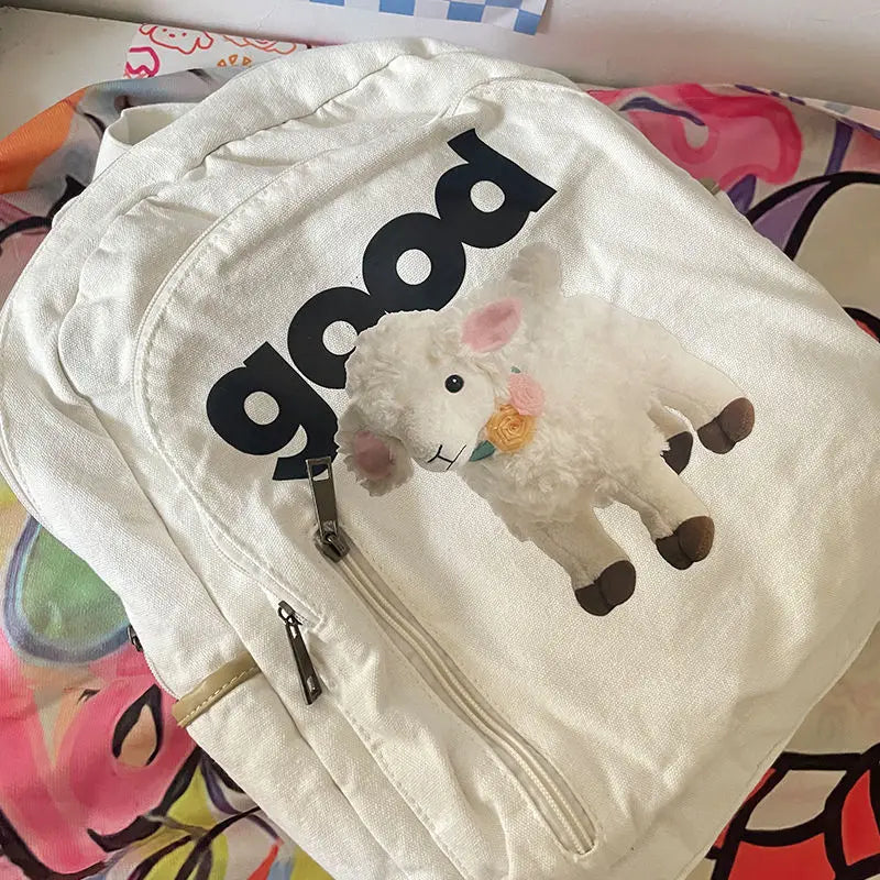 Y2K Aesthetic Cute Sheep Canvas Backpack – Japanese Cartoon School Bag for Women