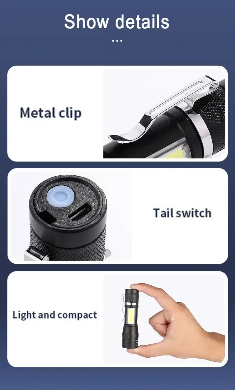 COB+XPE Mini Zoomable Flashlight – 350 Lumen, 3-Mode, USB Rechargeable, Pen Clip, Waterproof Camping Torch