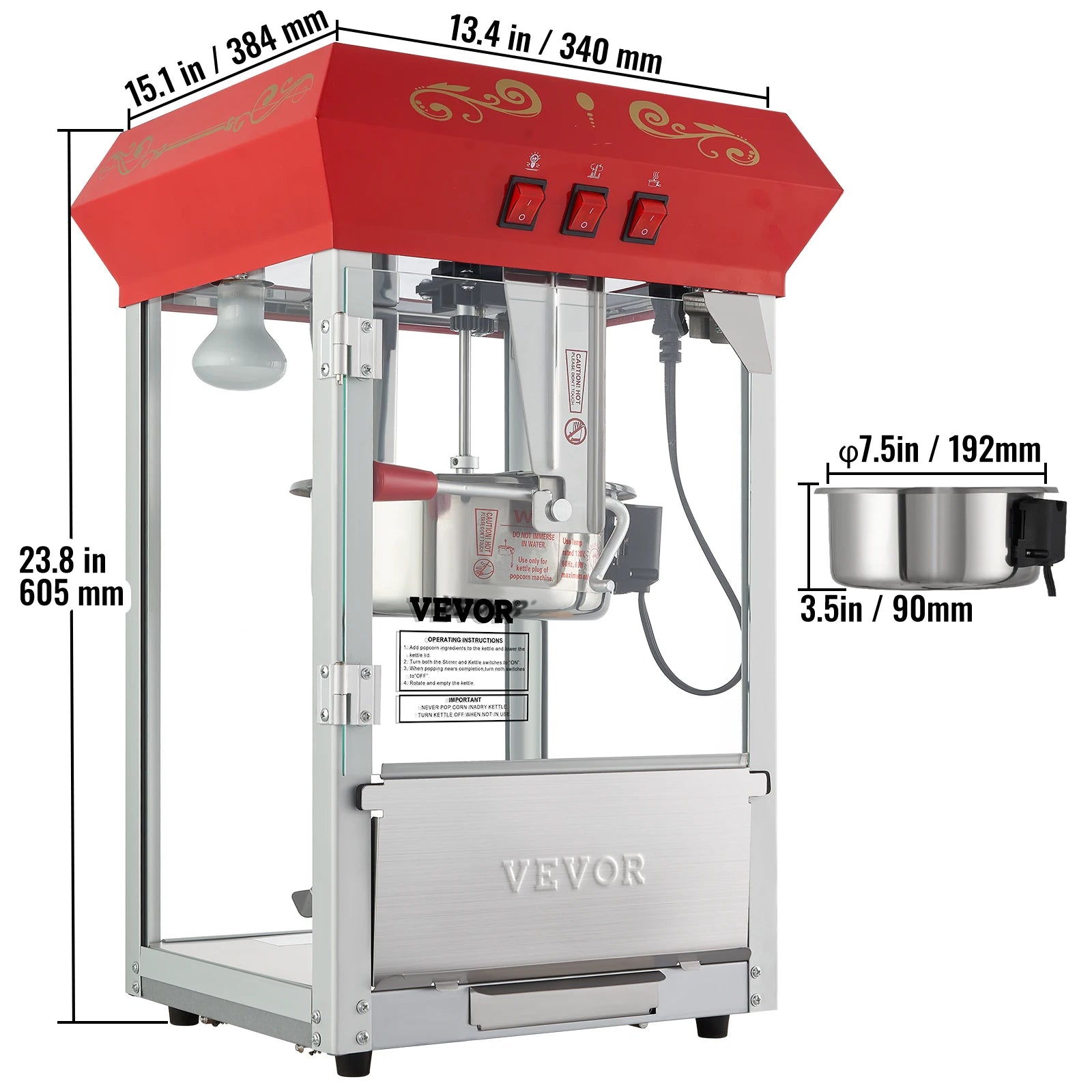 Commercial Electric Popcorn Maker 8/12oz — Automatic Popper with SUS304 Heating Tube