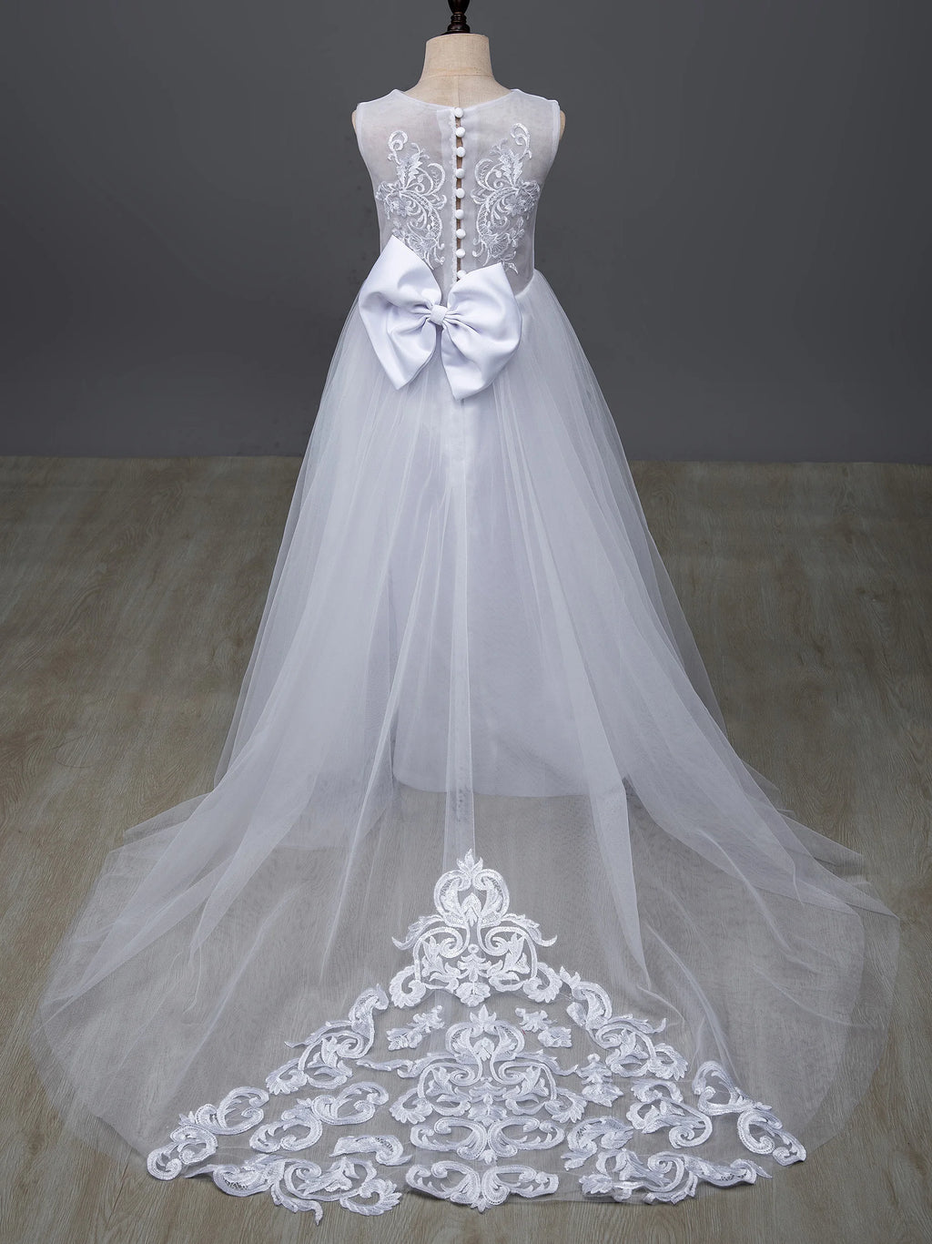 Long Sleeve Flower Girl Dress — White Lace Tulle First Communion & Bridesmaid Dress