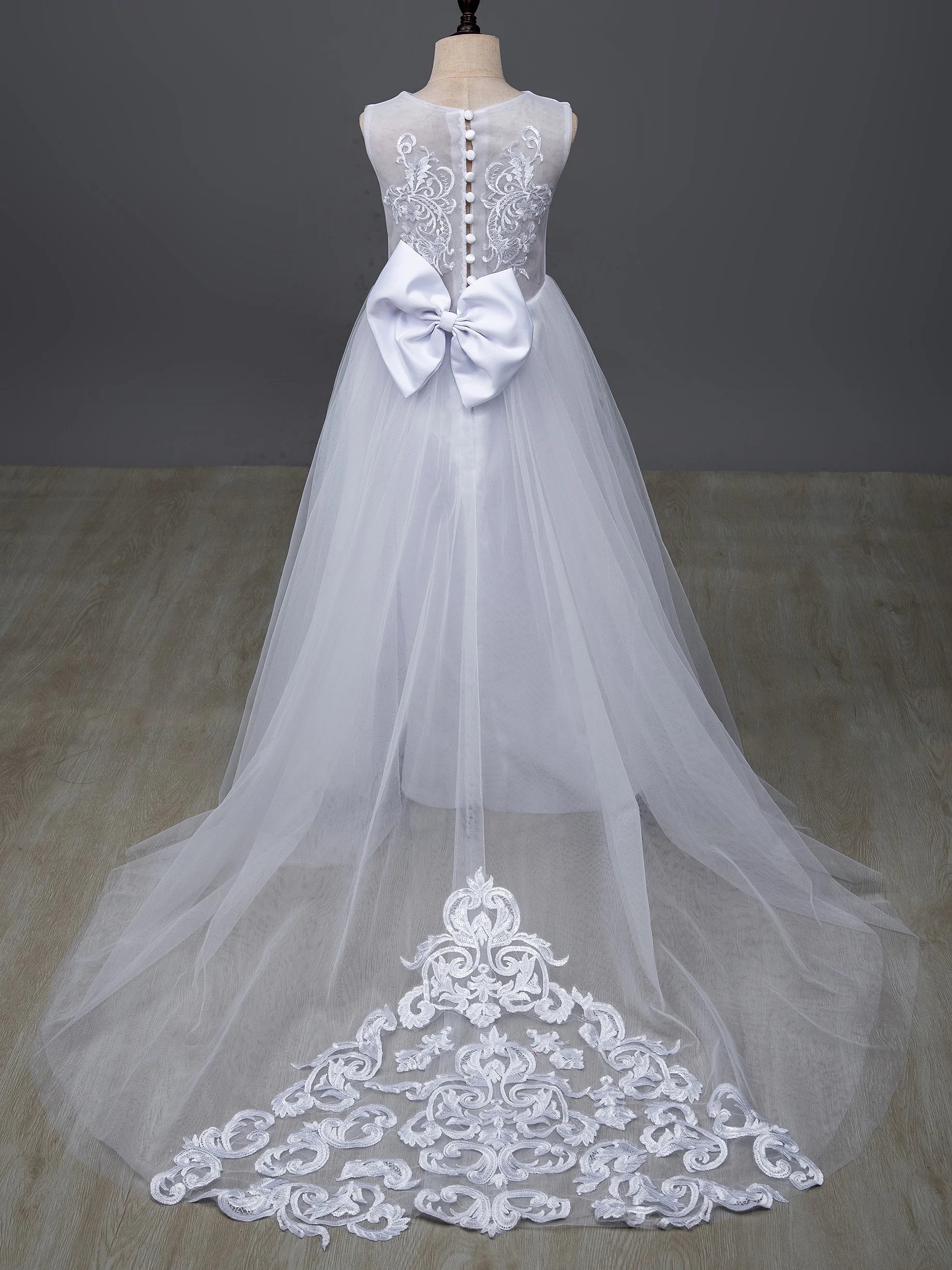 Long Sleeve Flower Girl Dress — White Lace Tulle First Communion & Bridesmaid Dress