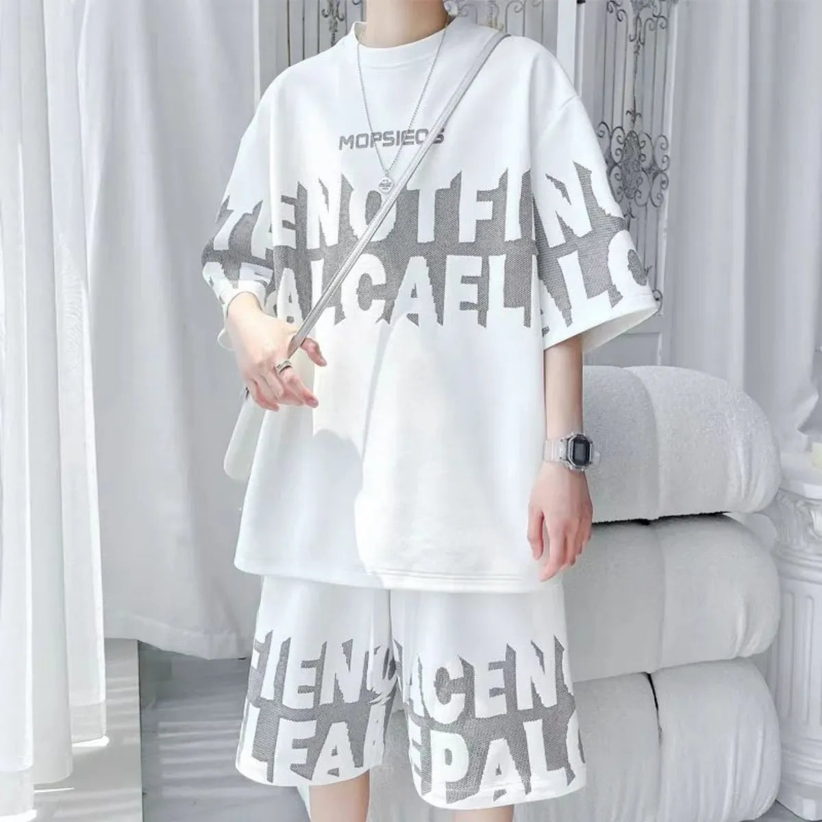 Men's Letter Print Short Sleeve T-Shirt & Drawstring Shorts Breathable Sports Set