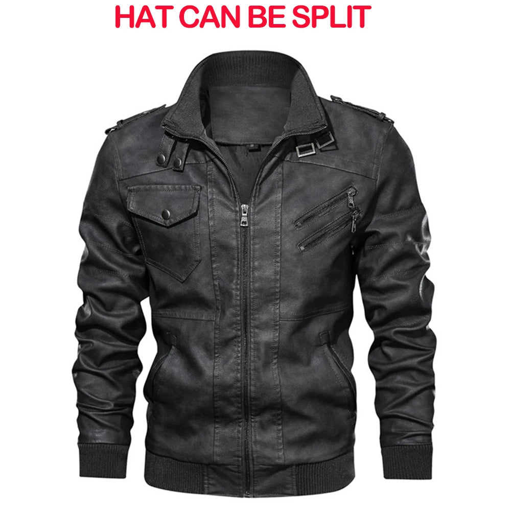 Men's Faux Leather Biker Jacket – Detachable Hood