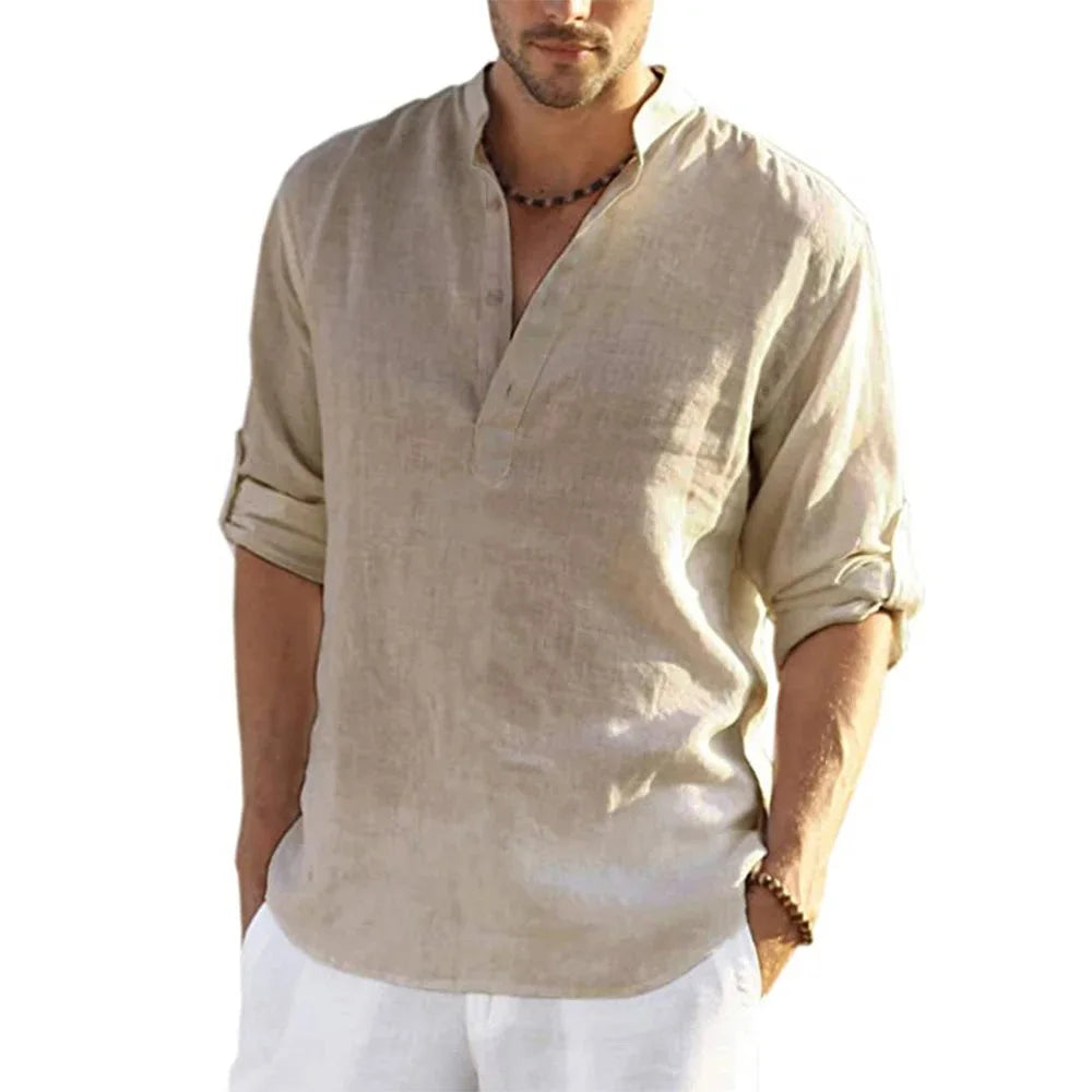 Men's Cotton Linen Long Sleeve Shirt — Loose Casual Blouse for Spring & Autumn