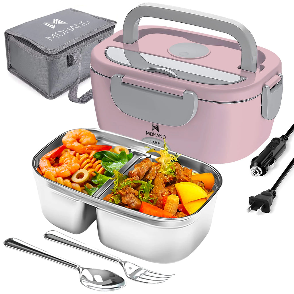 Pink lunch box with food compartments, utensils, and power adapter on a white background