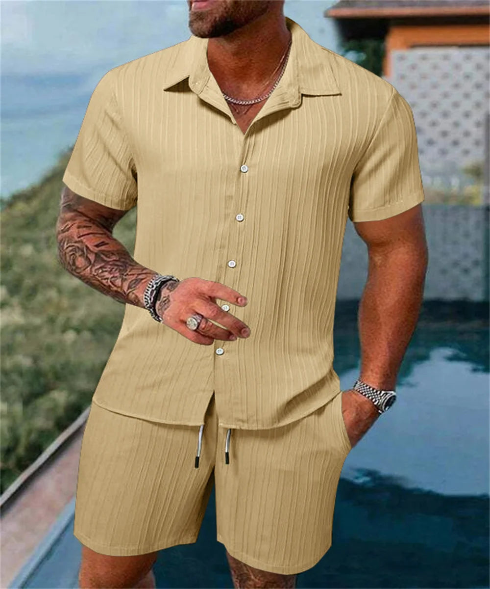 Men's Solid Color Casual Beach Shirt & Shorts Set – Loose Short Sleeve Outdoor Sport Summer 2-Piece