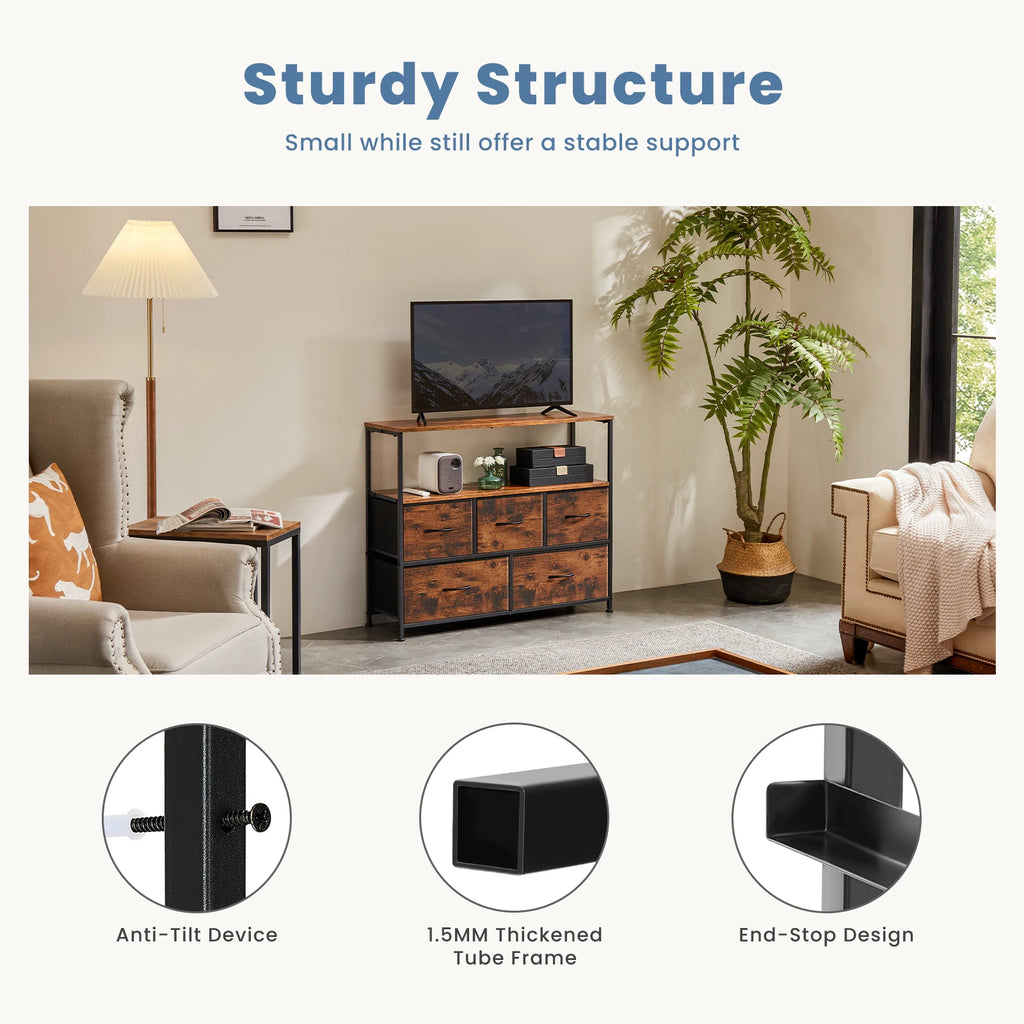 Fireplace TV Stand Dresser with 5 Fabric Drawers — Bedroom Storage Cabinet for 45" TVs