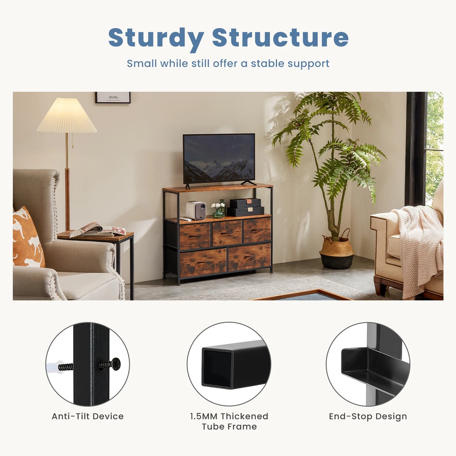 Fireplace TV Stand Dresser with 5 Fabric Drawers — Bedroom Storage Cabinet for 45" TVs