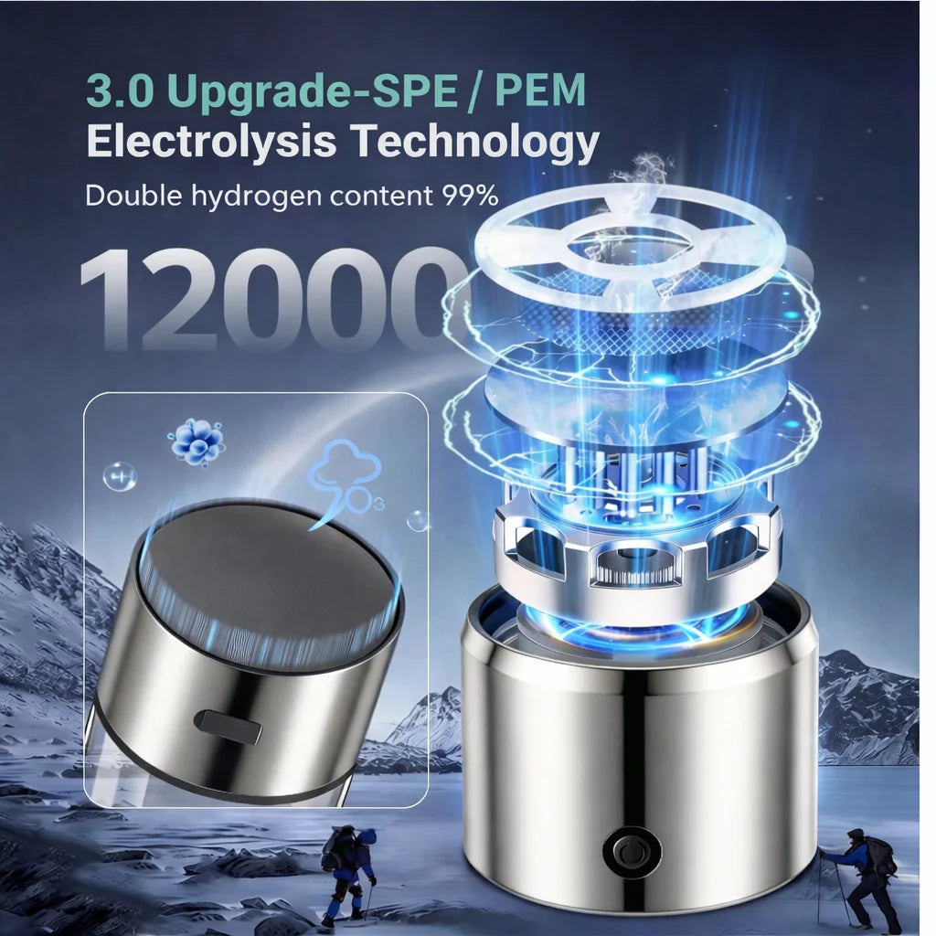 Portable Hydrogen Water Generator Bottle — 12,000PPB Rechargeable Alkaline Ionizer Cup with SPE/PEM Technology