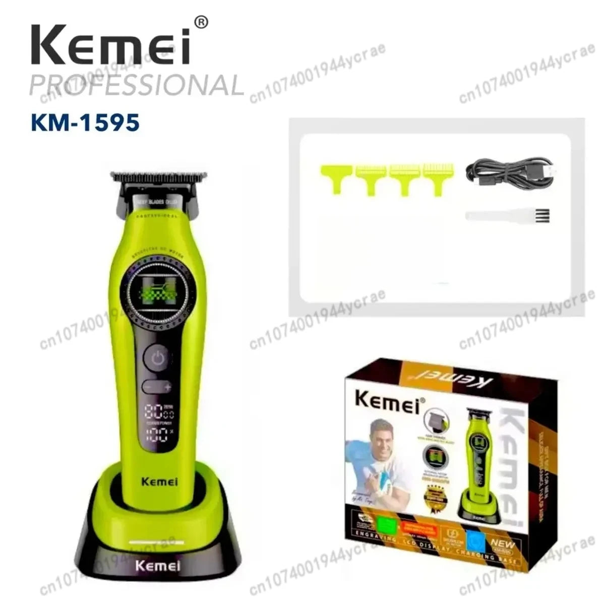 Kemei KM-1593 / KM-1595 Brushless Hair Clipper – DLC Blade, 8000 RPM, 200-Min Runtime, USB-C