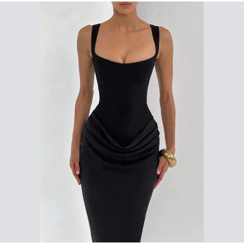 Brown Square-Neck Pleated Mini Dress — Sleeveless Backless Bodycon Club Dress