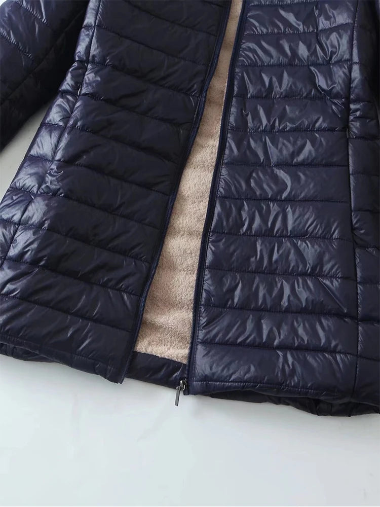 Korean Edition Hooded Women's Fleece Jacket – Mid-Length Warm Parka Coat