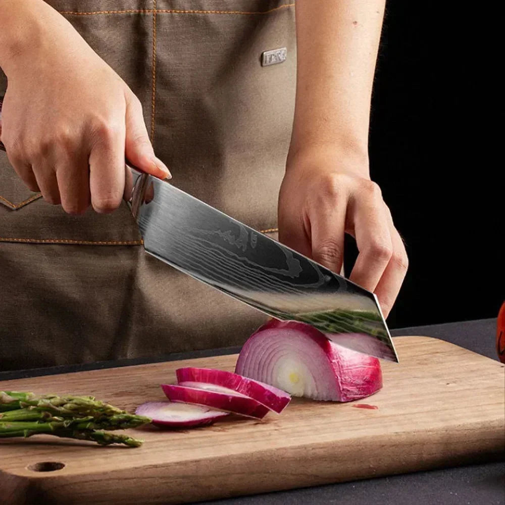 Damascus Kitchen Knife Set — Japanese Santoku, Cleaver, Slicing & Boning Knives