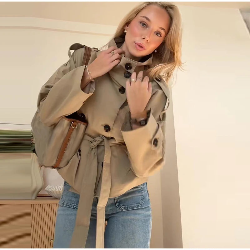 Women's Double-Breasted Cropped Trench Coat – Chic Vintage Office Jacket