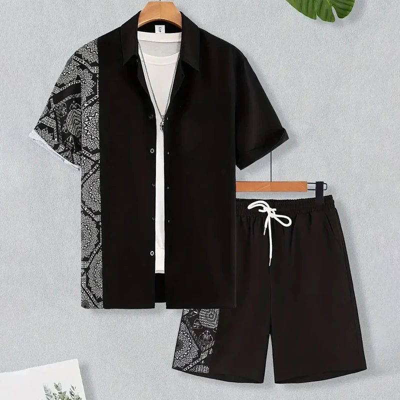 Men's Hawaiian Paisley Print Shirt & Drawstring Shorts Beach Party Set