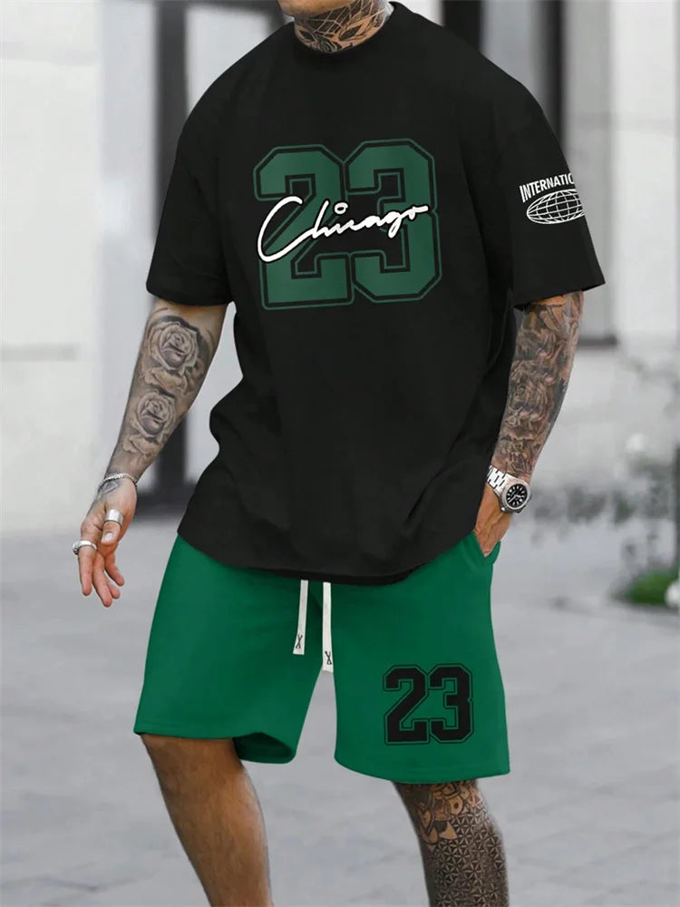 Men's Digital Print Crewneck T-Shirt & Drawstring Shorts Set