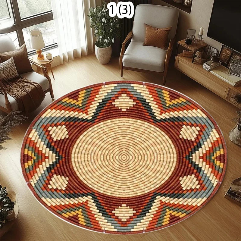 Round Woven Geometric Ethnic Rug – Non-Slip Durable Carpet for Living Room & Bedroom