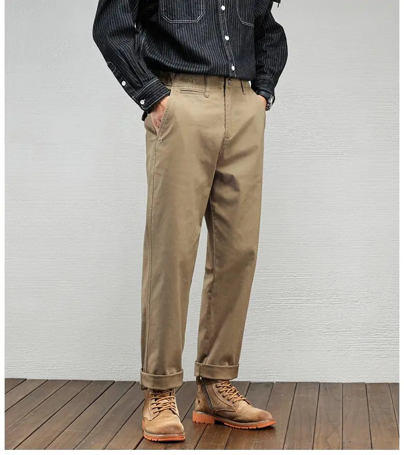 Men's Vintage Straight Leg Cotton Workwear Trousers — Loose Fit Retro Pants for Autumn & Winter