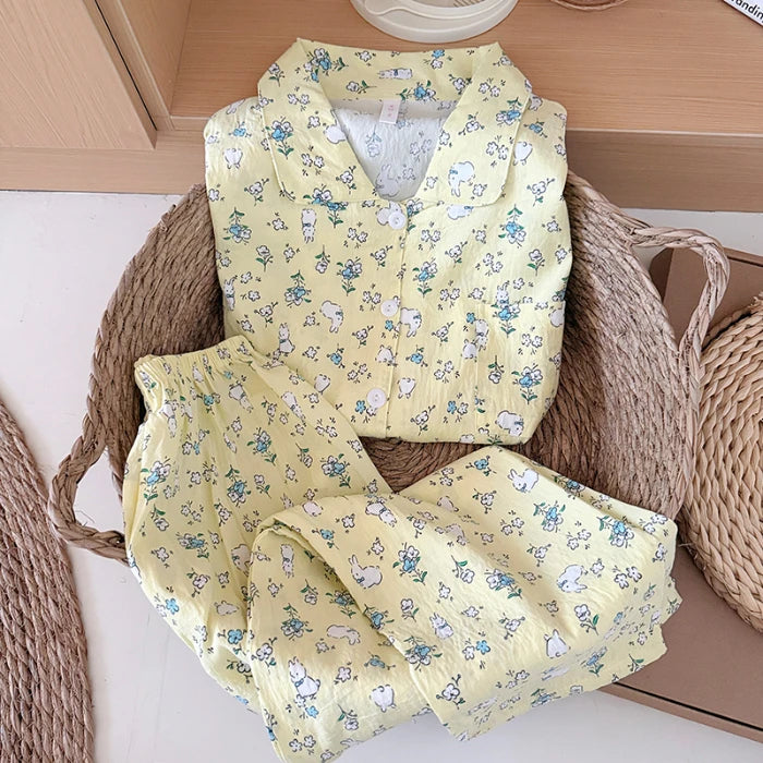 Women's Kawaii Goose Print Y2K Pajamas Set | Korean Fashion Lapel Neck Autumn Loungewear