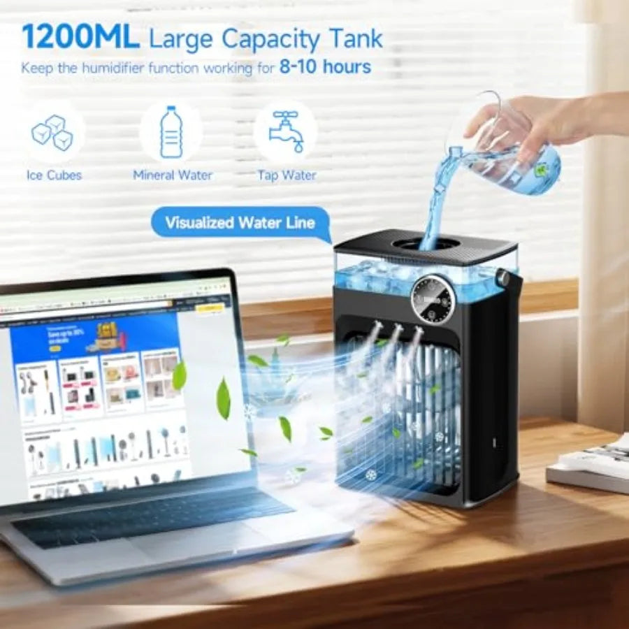 4-in-1 Portable Evaporative Air Cooler — 1200ML Tank, Remote Control, 2-8H Timer & Quiet Cooling Fan