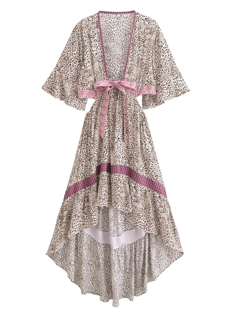 Bohemian Hollow Out Beach Dress — Short Sleeve High-Low Boho Maxi Dress