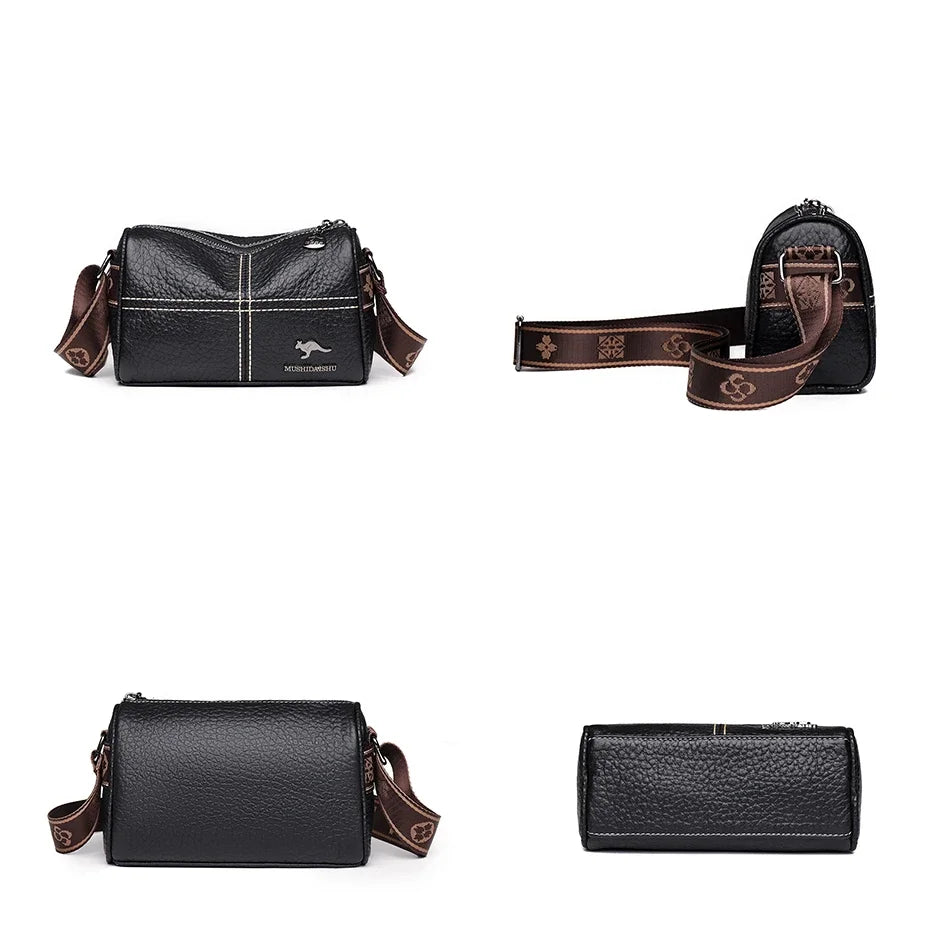 Luxury Genuine Leather Barrel Crossbody Bag – Sequin Shoulder Messenger Bag for Women