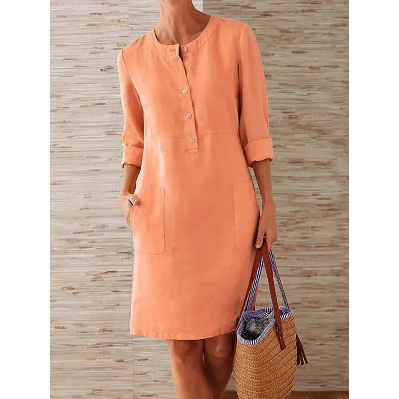 Women's Cotton Linen Tunic Dress – Long Sleeve Vintage Straight Oversized Casual Dress