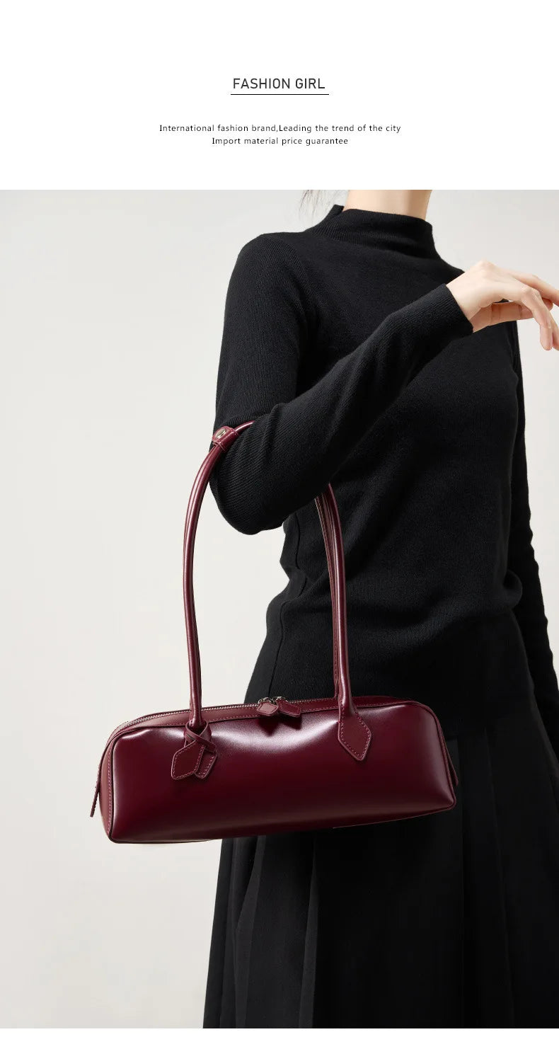 Vintage Genuine Leather Baguette Shoulder Bag – Korean Luxury Underarm Handbag for Women