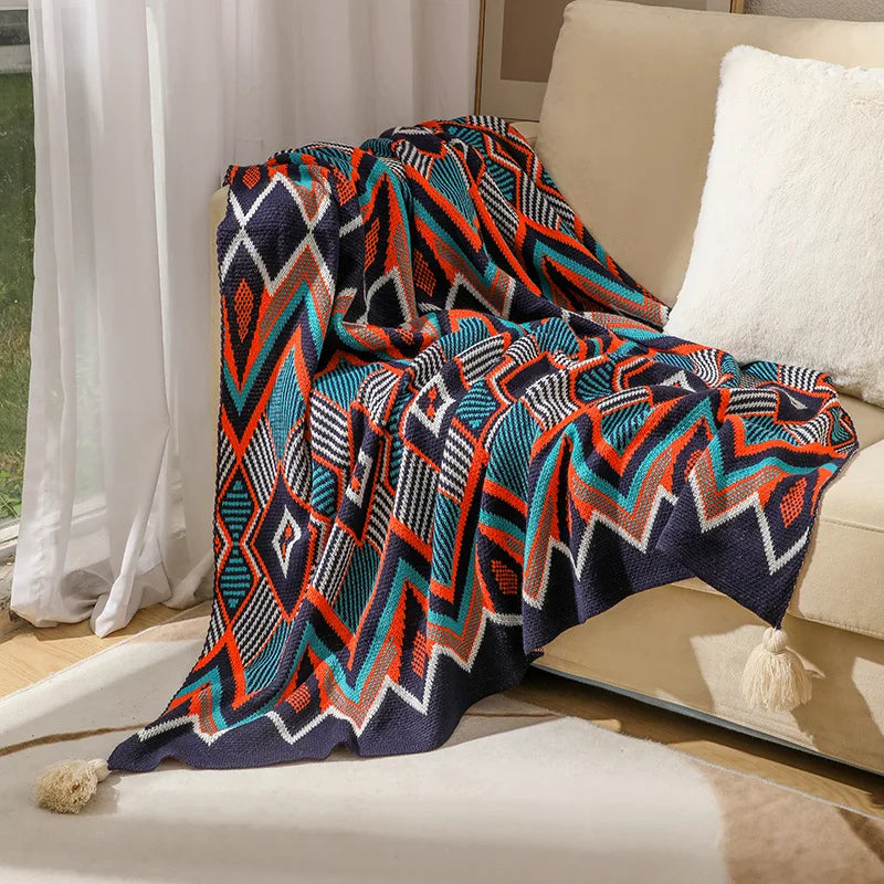 Boho Aztec Throw Blanket – Woven Plaid Sofa Cover, Wall Tapestry & Bed Blanket