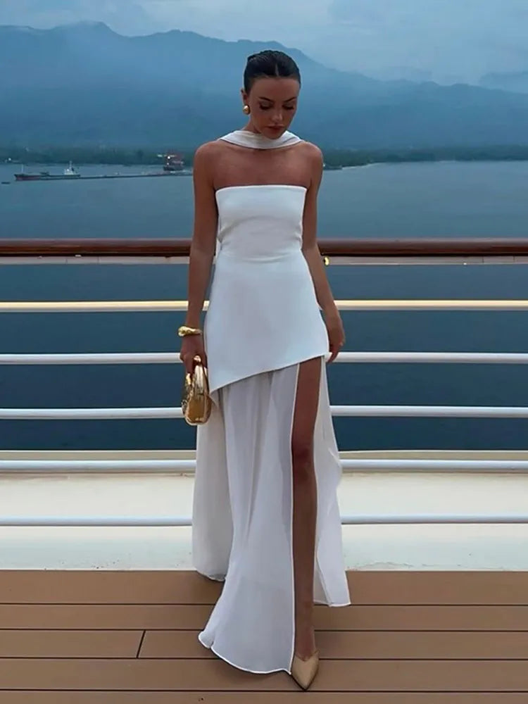 Pleated Off-Shoulder Maxi Dress — High Slit Scarf Slim Fit Evening Party Dress