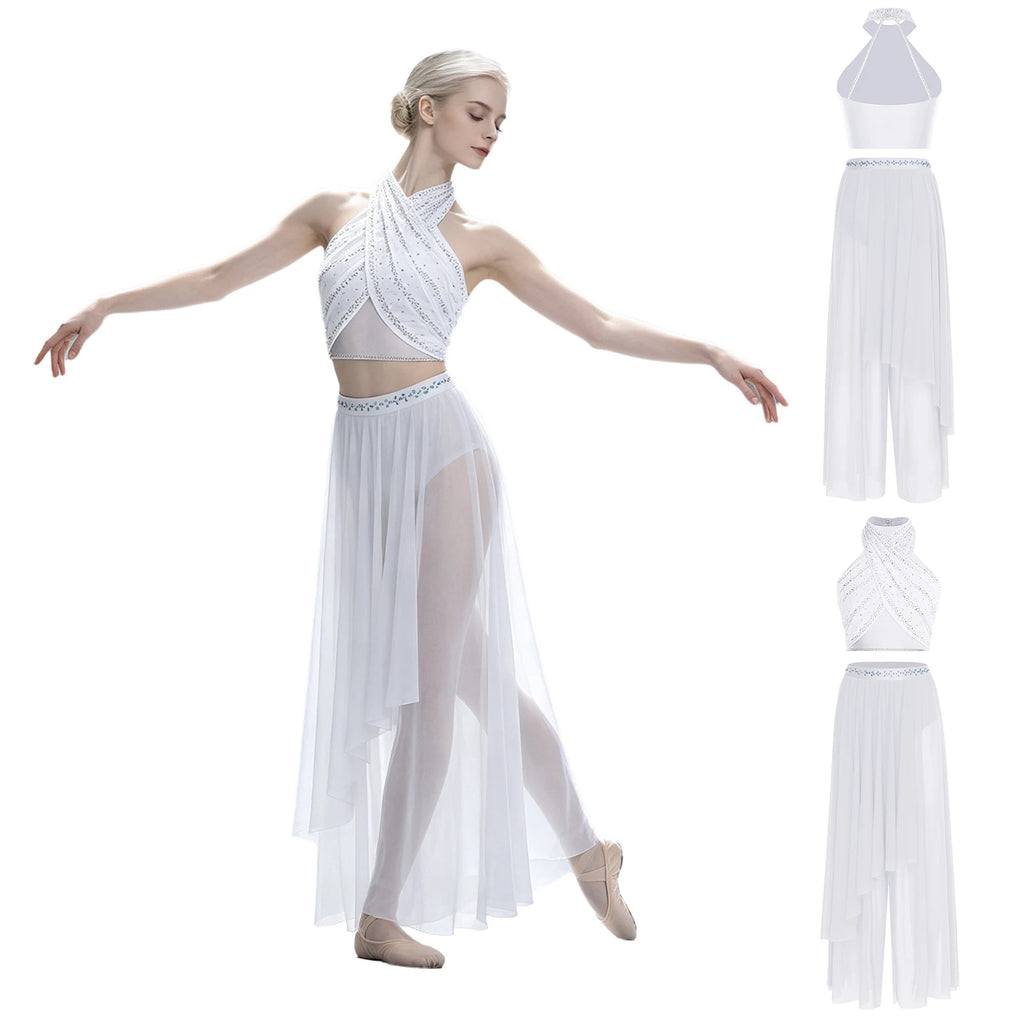 Women's Dance Performance Costume – Shiny Crop Top & Sheer Pants for Skating, Gymnastics & Ballet