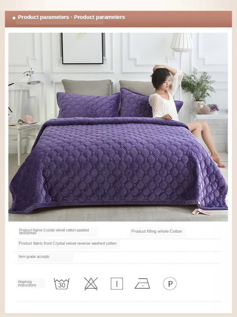 Velvet Quilted Bed Cover Blanket – Solid Color Anti-Slip Bedspread, King & Queen, 270x230cm