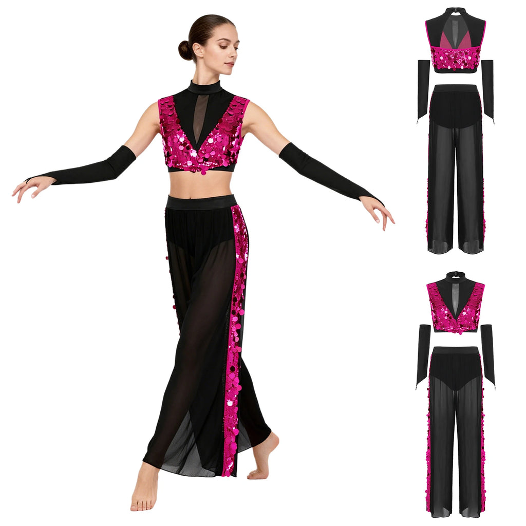 Women's Dance Performance Costume – Shiny Crop Top & Sheer Pants for Skating, Gymnastics & Ballet