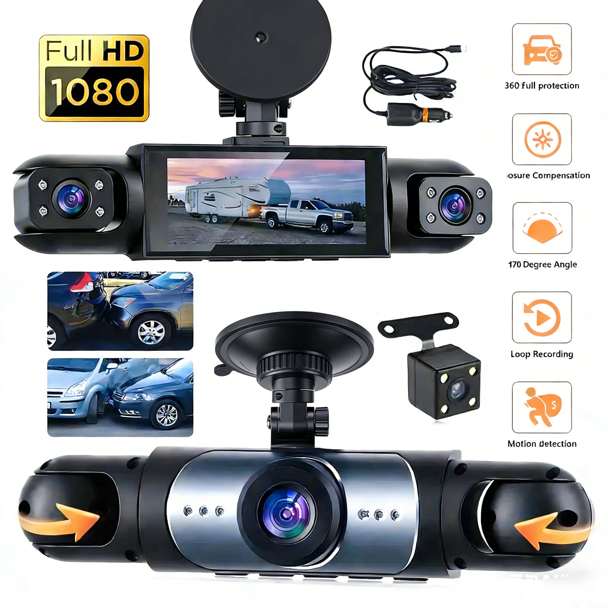 360° 4-Camera Car Dash Cam DVR System – Front, Rear, Interior & Side, Night Vision, Loop Recording
