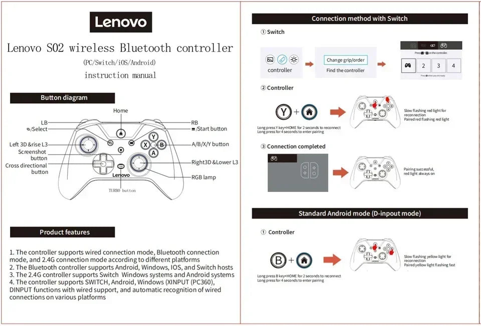 Lenovo S02 Wireless Bluetooth Gamepad — Nintendo Switch, PC & iOS