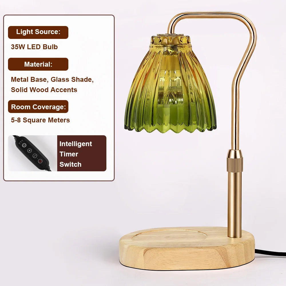 Retro Candle Warmer Lamp with Wood Base and Glass Shade