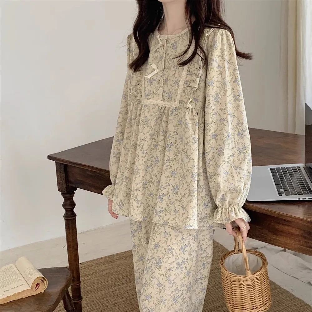 Women's Plus Size Garden Style Pajama Set | Korean Bow Homewear Long Sleeve